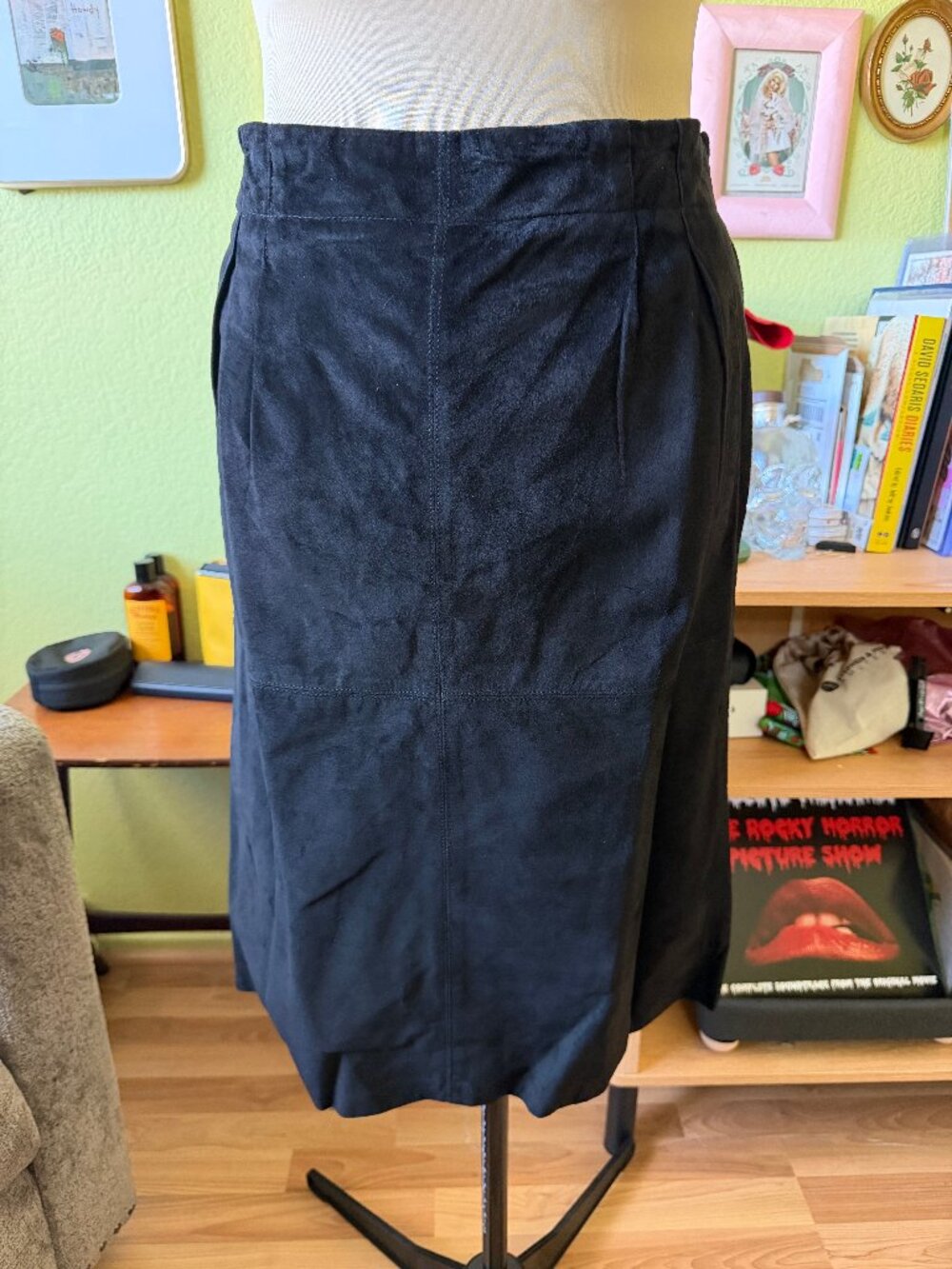 Vintage Evan Davies Black Pigsuede Midi Pencil Skirt 14 Pockets Lined